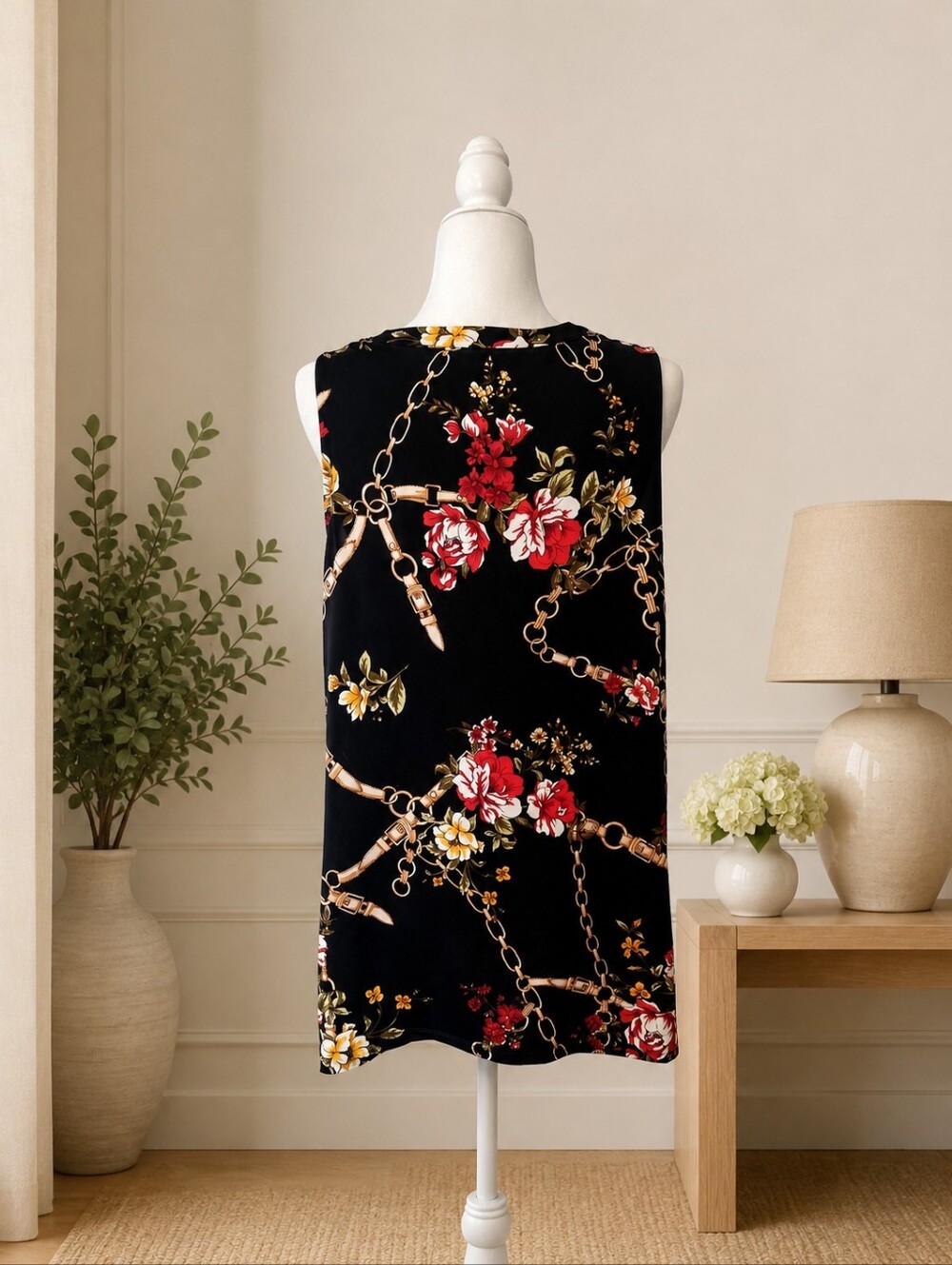 Apt. 9 Women's Large Black Floral Chain Print Sleeveless Tunic Top - Picture 3 of 6